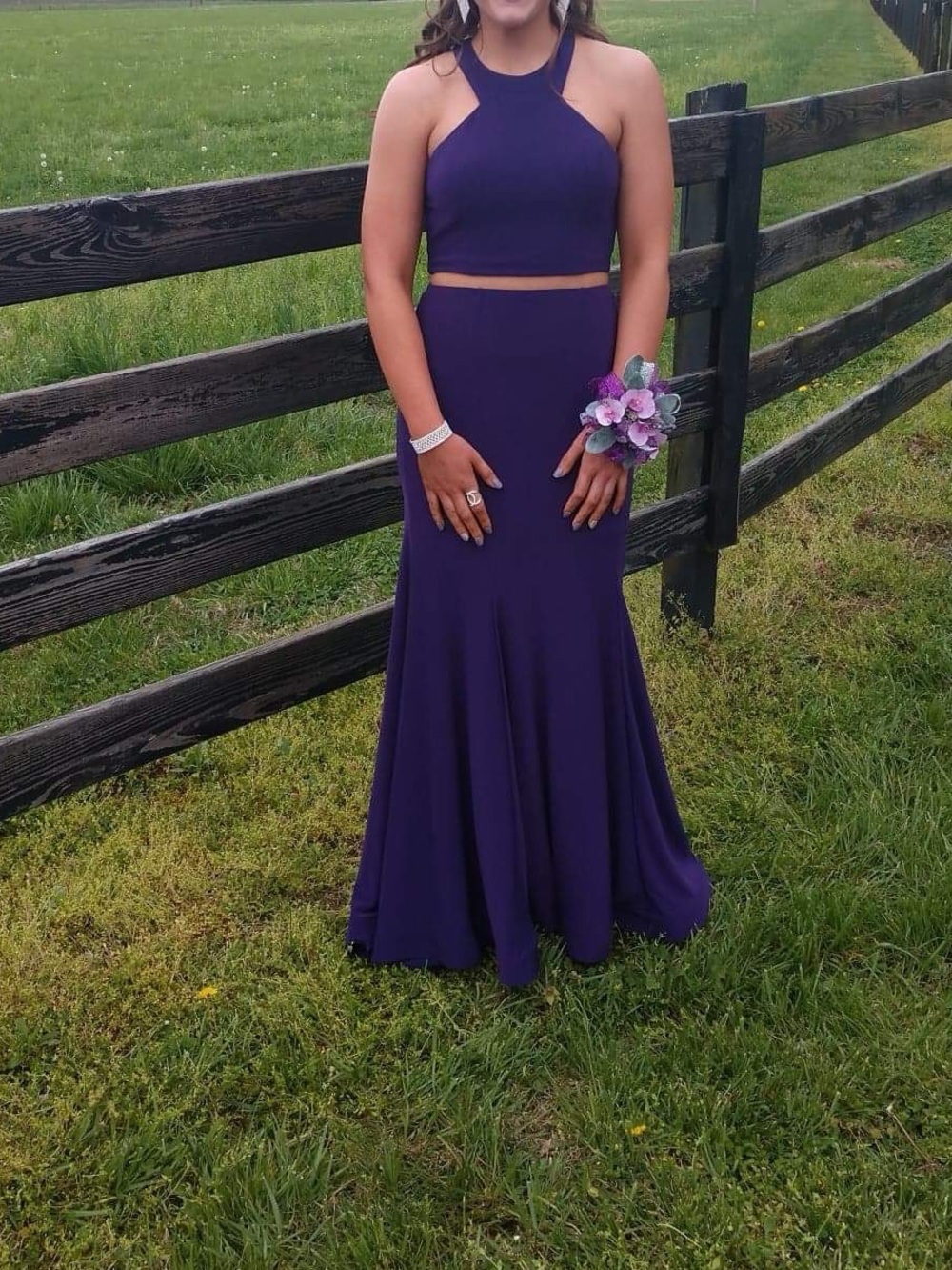 B Darlin Purple Two-Piece Halter Prom Dress